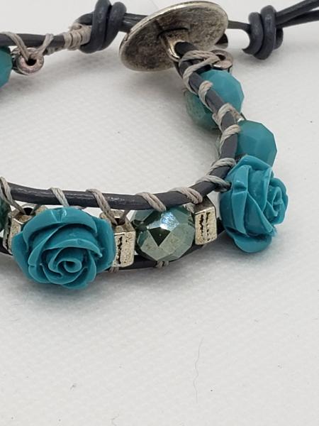 Blue flowers on Gray Leather Bracelet picture