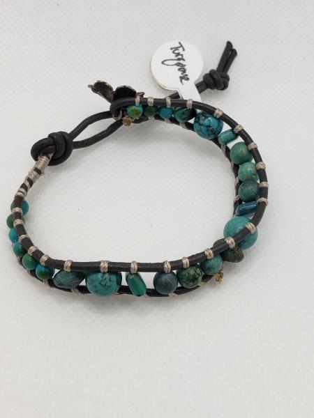 Leather Bracelet with Genuine Turquoise, gray leather picture