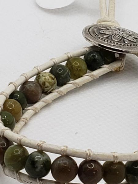 White Leather Bracelet with Jasper beads picture