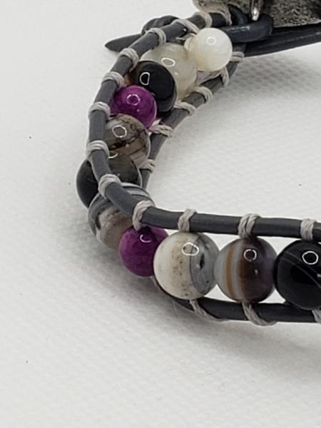 Gray Leather Bracelet with Agate and purple Riverstone beads picture