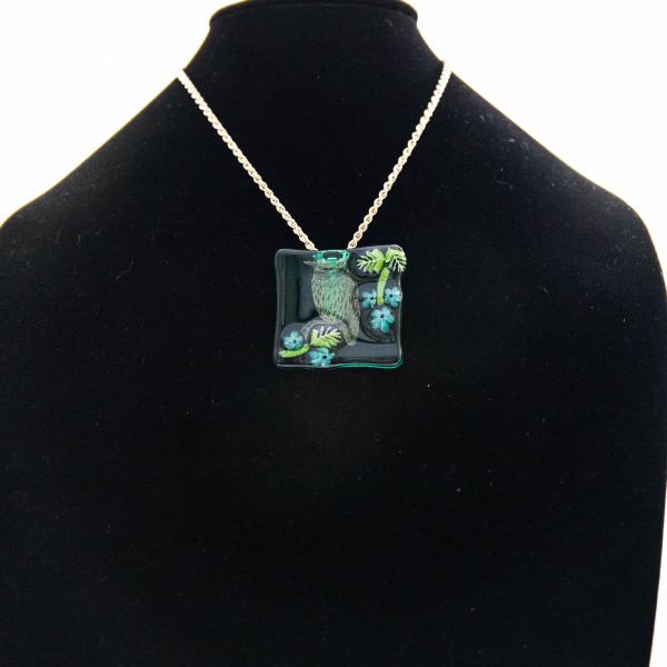 Jewelry - Clear glass square pendant with owl and flowers picture