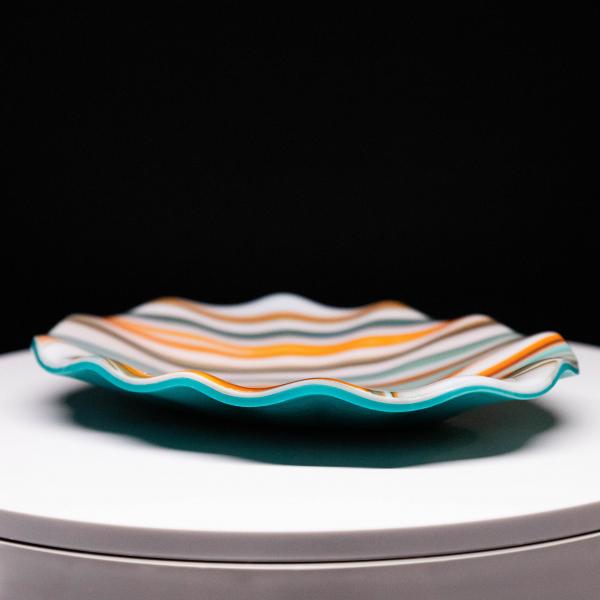 Plate - Orange cream and blue rippled edge round bowl picture
