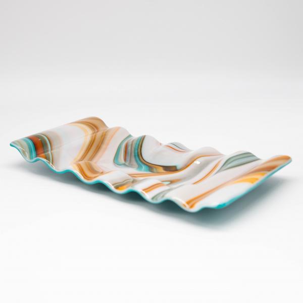 Plate - Orange cream and blue swirl rectangular plate with rippled edges picture