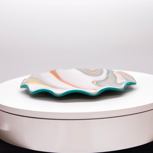 Plate - Orange cream and blue rippled edge small round plate picture
