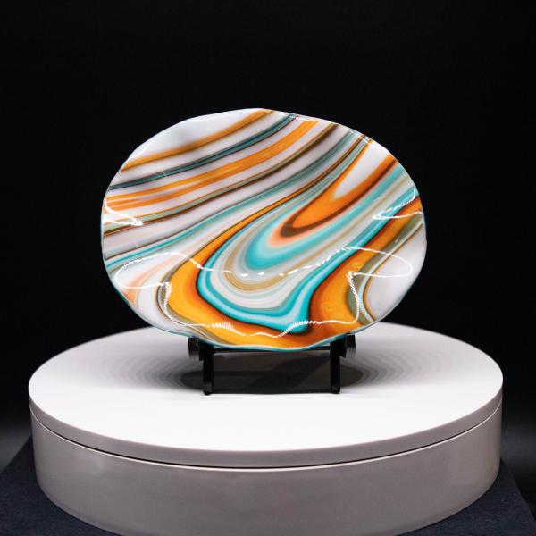 Plate - Orange cream and blue rippled edge round bowl picture