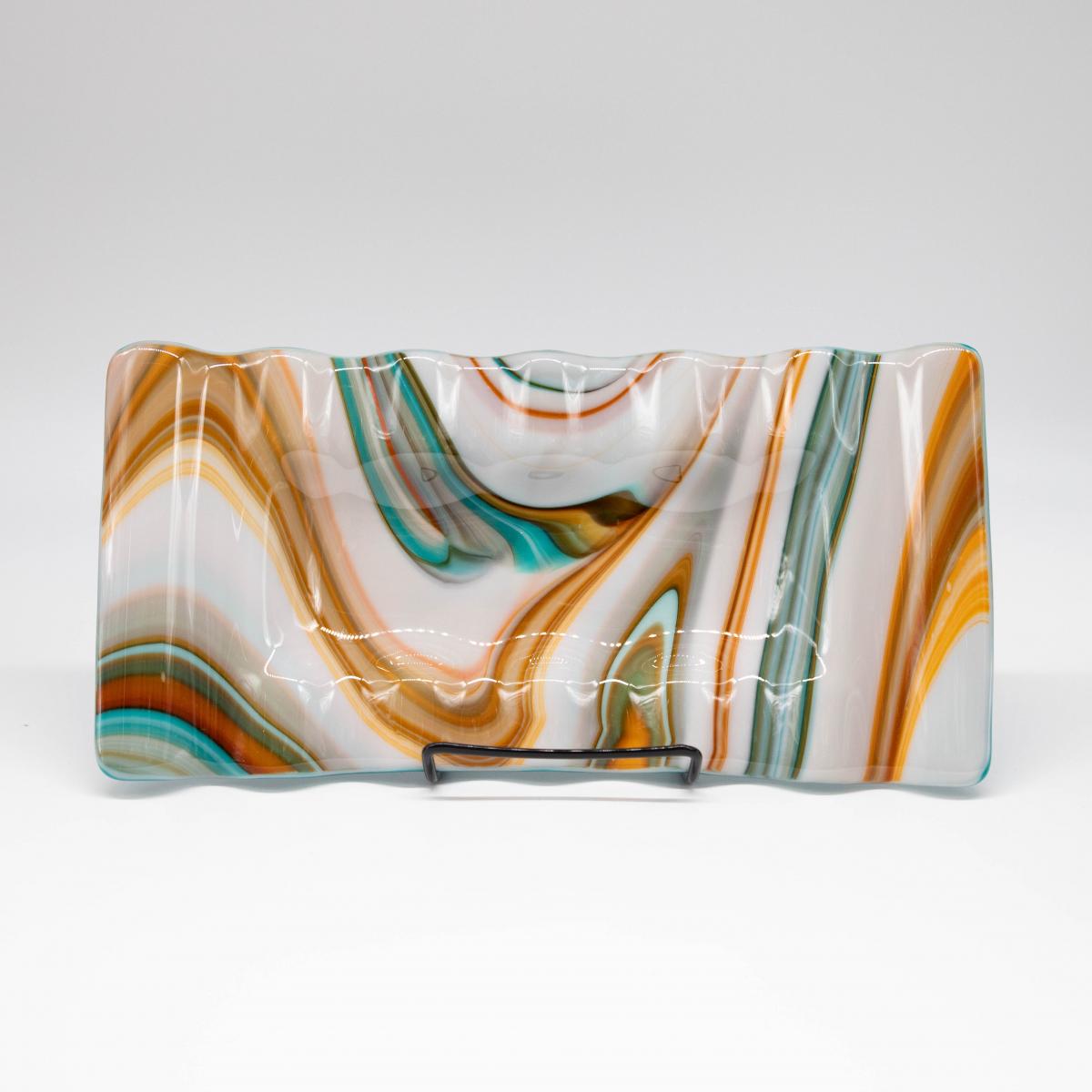 Plate - Orange cream and blue swirl rectangular plate with rippled edges picture