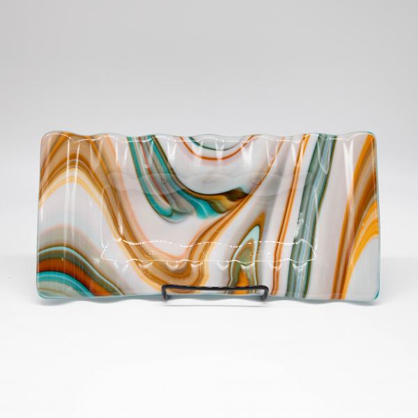 Plate - Orange cream and blue swirl rectangular plate with rippled edges picture