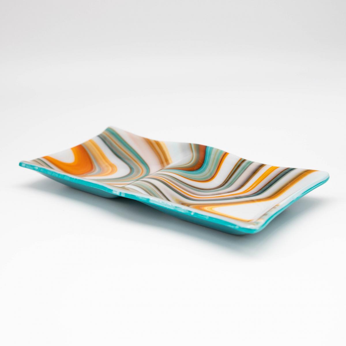 Plate - Orange cream and blue double-square dish picture