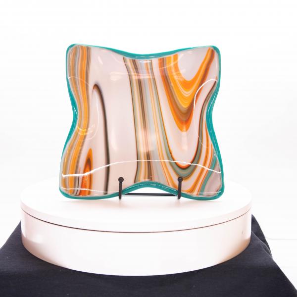 Plate - Orange cream and blue rippled edge small square plate picture