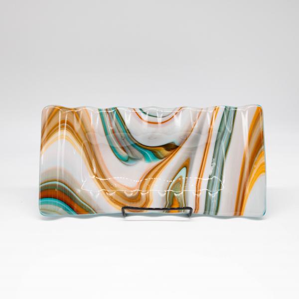 Plate - Orange cream and blue swirl rectangular plate with rippled edges picture