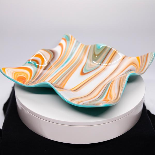 Plate - Orange cream and blue rippled edge square plate picture