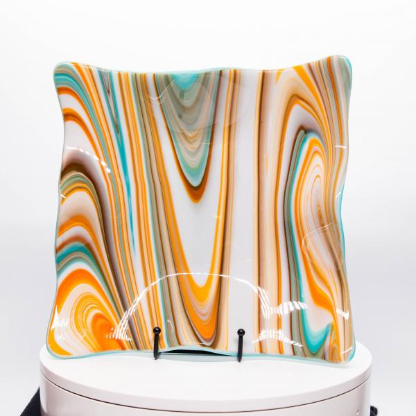 Plate - Orange cream and blue rippled edge square plate