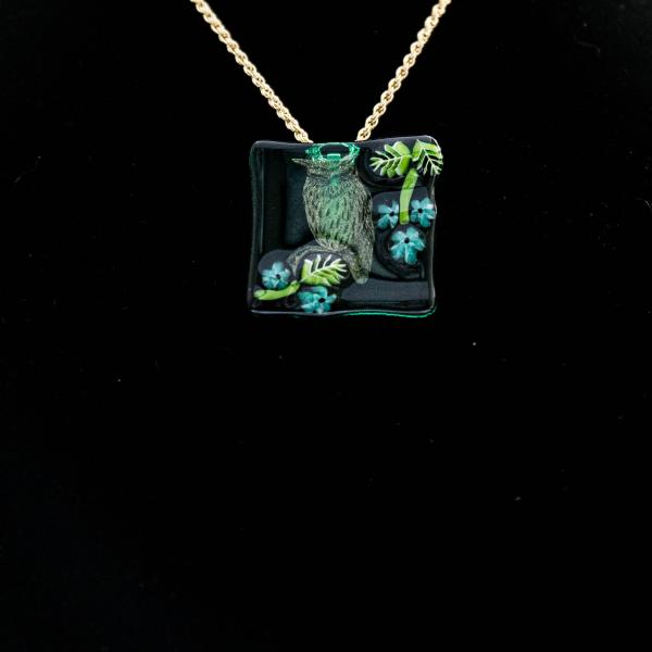 Jewelry - Clear glass square pendant with owl and flowers picture