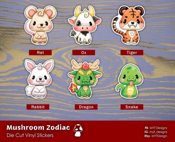 Mushroom Zodiac Glossy Vinyl Stickers- Cute Kawaii Lunar Zodiac Animals picture