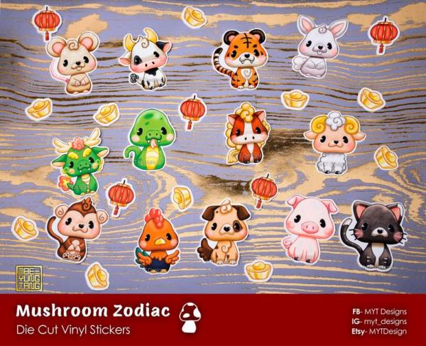 Mushroom Zodiac Glossy Vinyl Stickers- Cute Kawaii Lunar Zodiac Animals