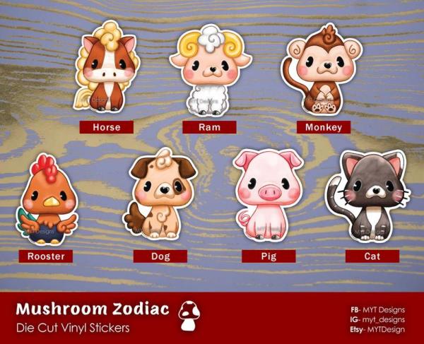 Mushroom Zodiac Glossy Vinyl Stickers- Cute Kawaii Lunar Zodiac Animals picture