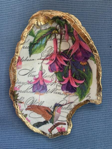 Fuchsia and Hummingbird Oyster Shell Trinket Dish picture