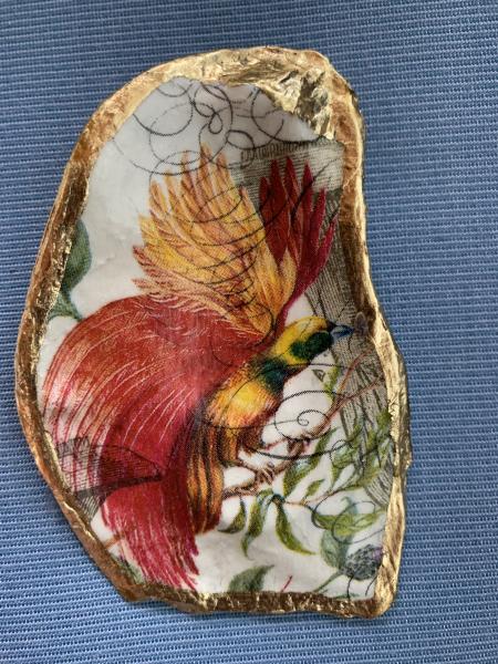 Red and Yellow Bird Oyster Shell Trinket Dish picture