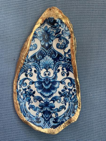 Dark Blue Patterned Oyster Shell Trinket Dish picture