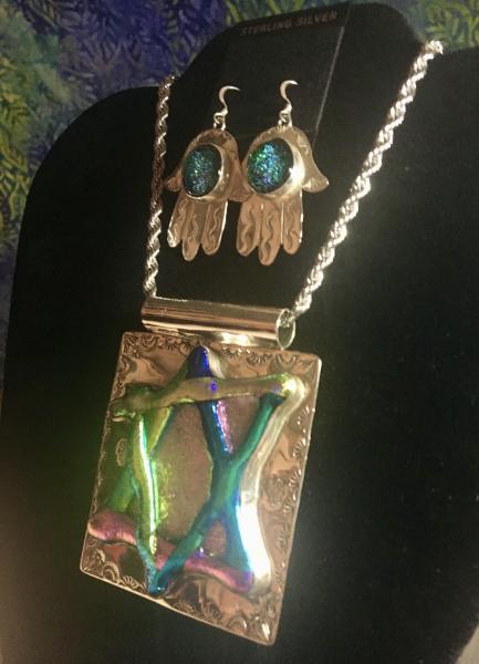 Dichroic Glass art/pendant and Hamsa earrings set picture