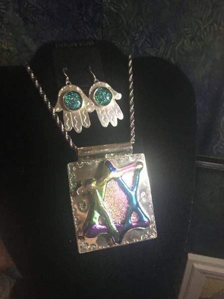 Dichroic Glass art/pendant and Hamsa earrings set picture