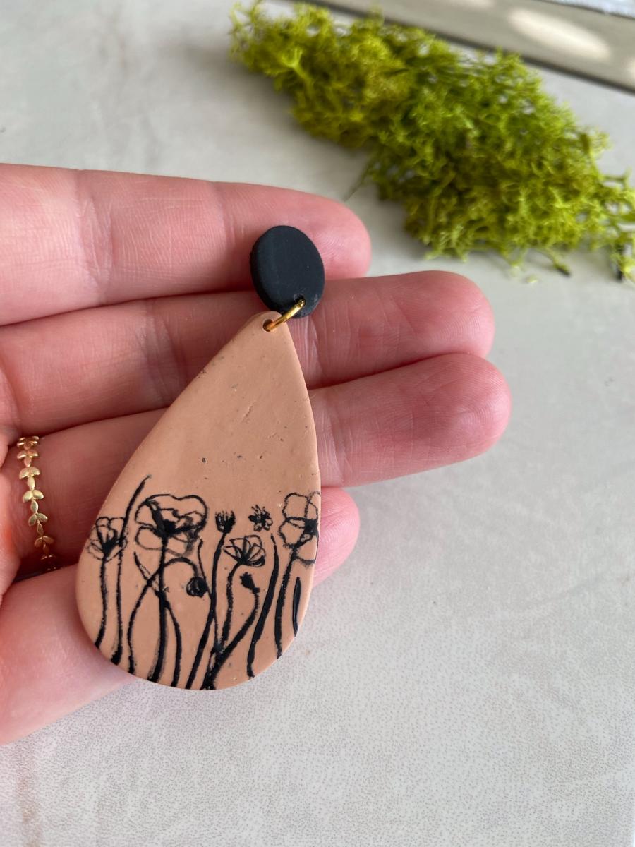 Hand Painted Wildflowers on Large, Dark Tan Teardrop Dangles with Black Studs picture