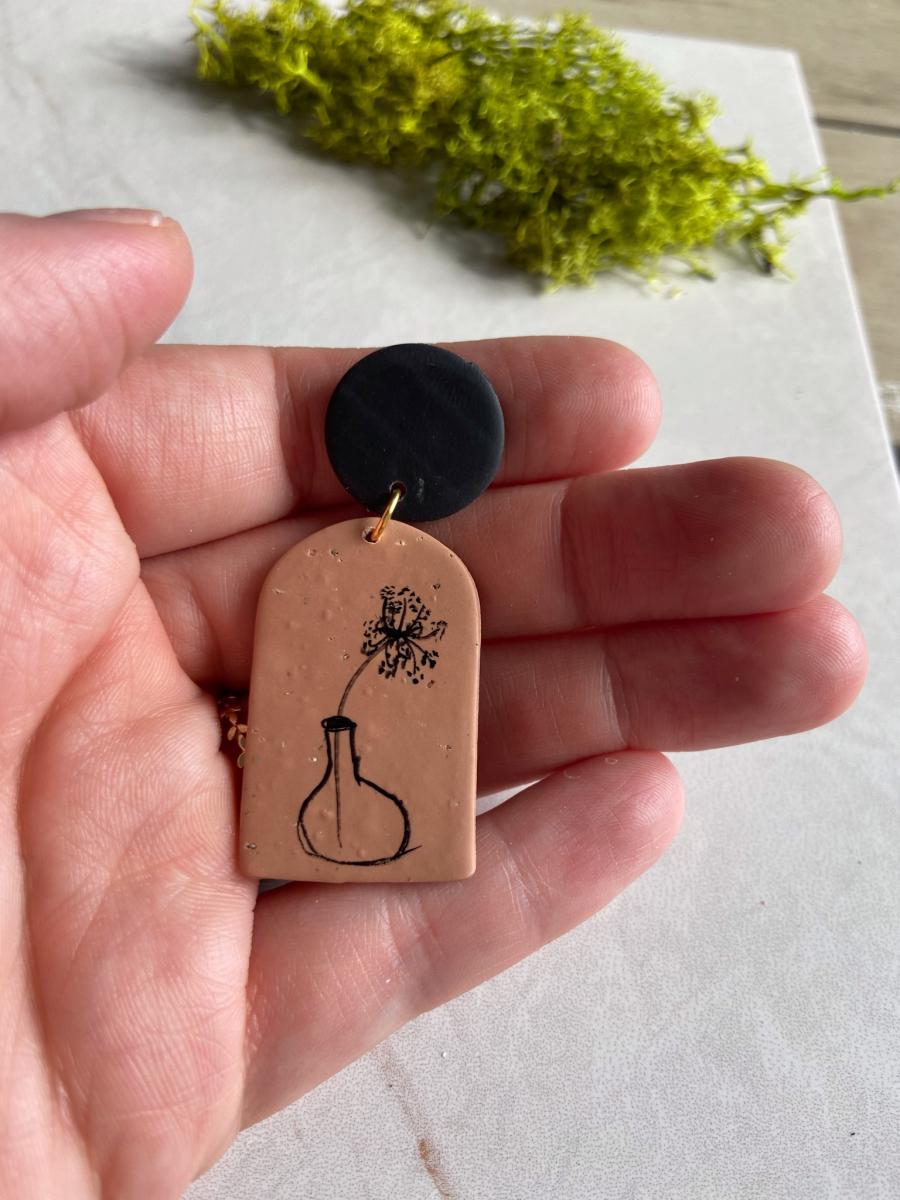 Hand Painted Mismatched Vases on Dark Tan Arch Dangles with Large Black Studs picture