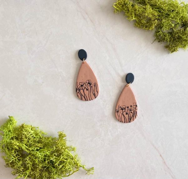 Hand Painted Wildflowers on Large, Dark Tan Teardrop Dangles with Black Studs