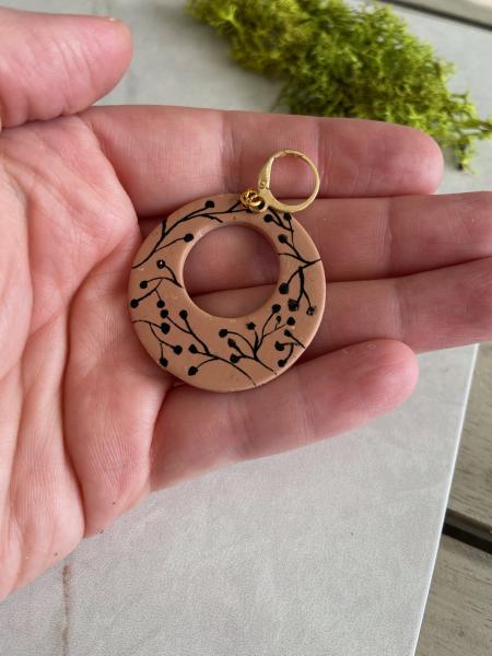 Hand Painted Berry Branches on Dark Tan Circle Dangles with Gold Plated Huggie Hoops picture