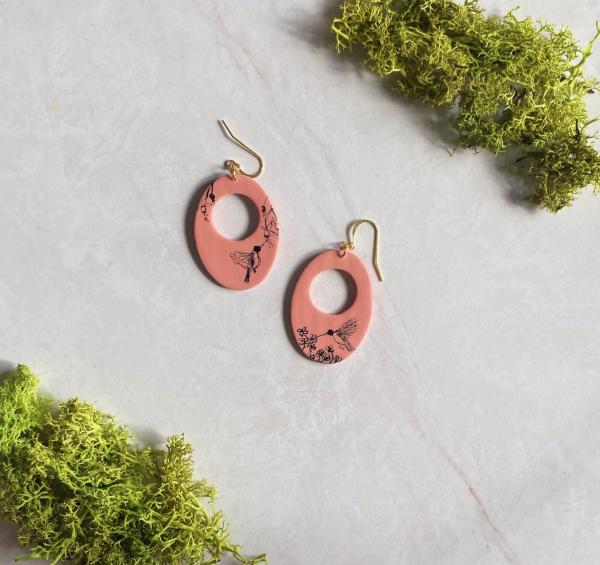 Hand Painted Hummingbird Design on Large Oval Dusty Rose Dangle