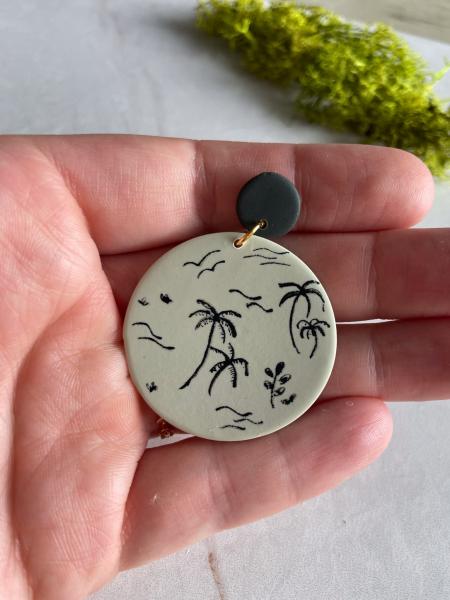 Hand Painted Beach Inspired Design on Sage Green Large Circle Dangles with Small Black Studs picture