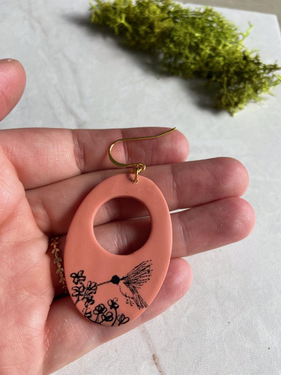 Hand Painted Hummingbird Design on Large Oval Dusty Rose Dangle picture