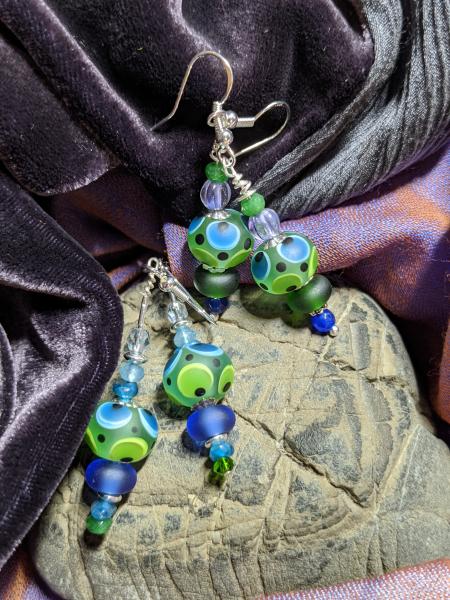 Blue Green polka dot Lampwork dangles