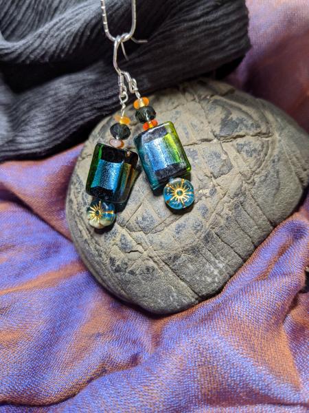 Foiled Glass, yellow/blue and black dangle earrings picture