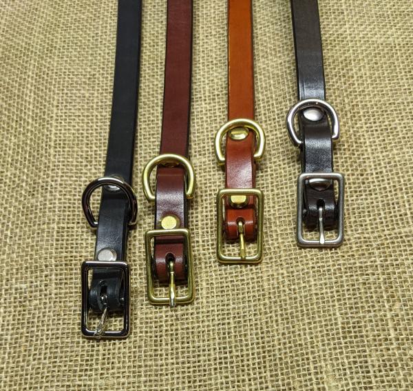 Leather dog collars, 1/2, 3/4, 1, and 1 1/2 inch widths picture