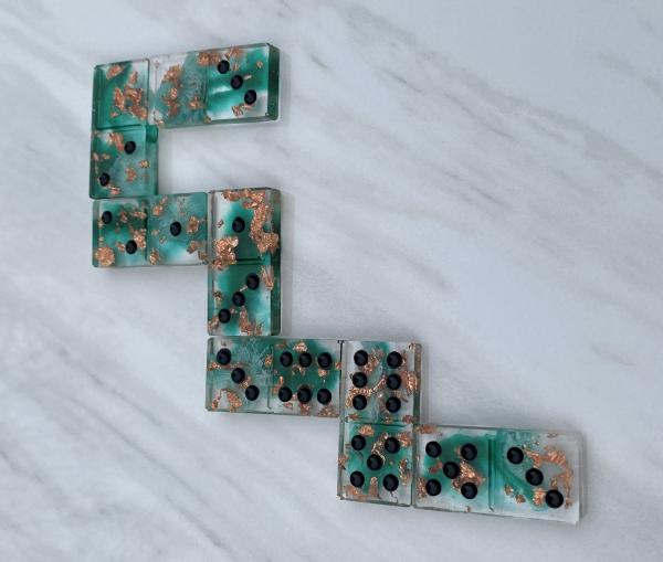 Handmade Domino Set - Unique Teal White Transparent Copper Dominos Black Dots picture