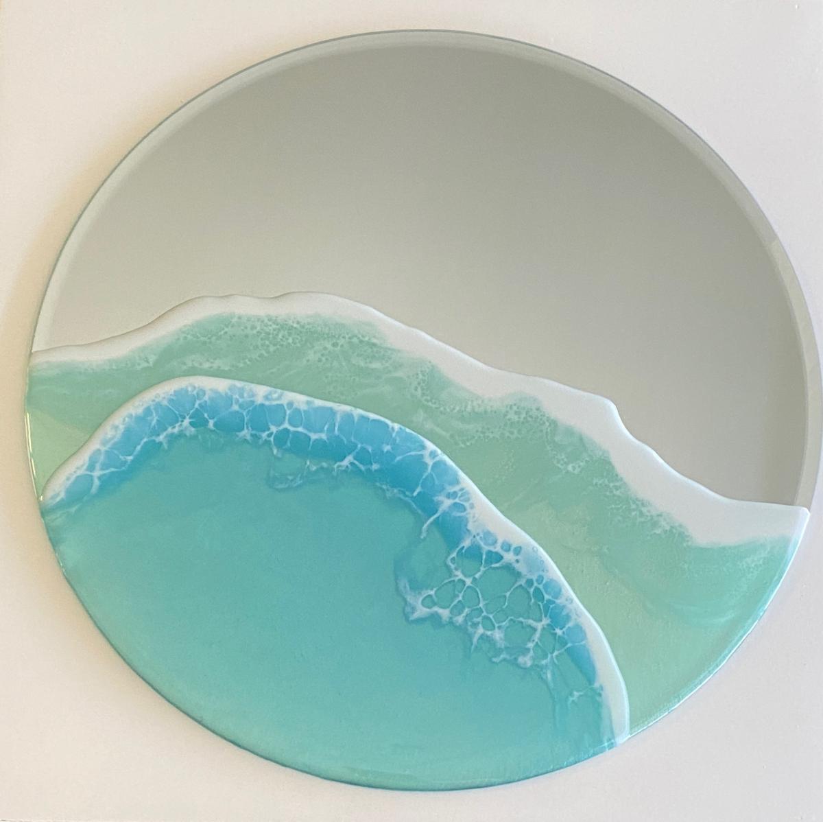 Ocean Round 14" Mirror - Functional Art Blue Waves Epoxy Resin Painting picture