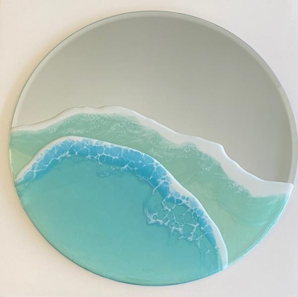 Ocean Round 14" Mirror - Functional Art Blue Waves Epoxy Resin Painting picture