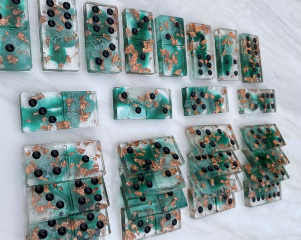 Handmade Domino Set - Unique Teal White Transparent Copper Dominos Black Dots picture