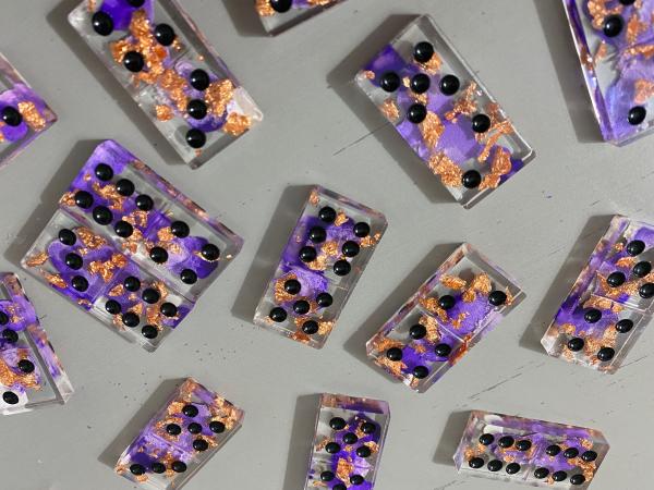 Handmade Domino Set - Unique Lilac Purple Copper Dominos Black Dots picture