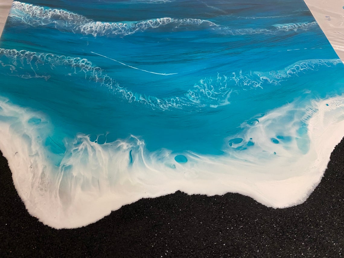 Ocean Art | Black Glitter Turquoise Ocean Epoxy Resin Beach Painting picture