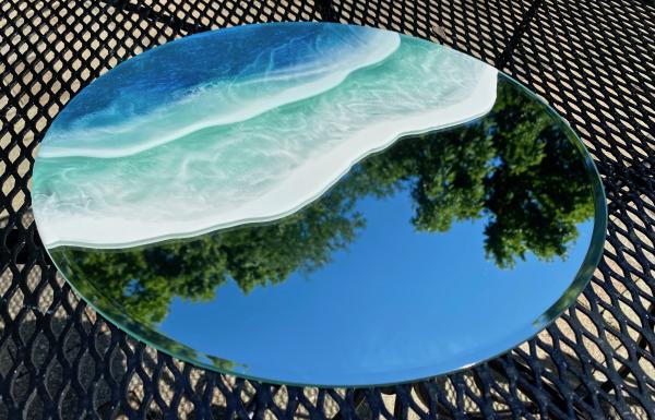 Ocean Round 14" Mirror - Functional Art Blue Waves Epoxy Resin Painting picture