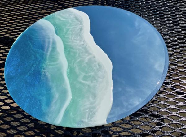 Ocean Round 14" Mirror - Functional Art Blue Waves Epoxy Resin Painting picture