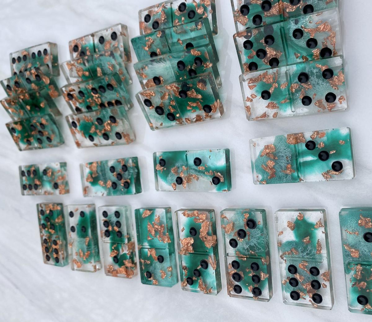 Handmade Domino Set - Unique Teal White Transparent Copper Dominos Black Dots picture