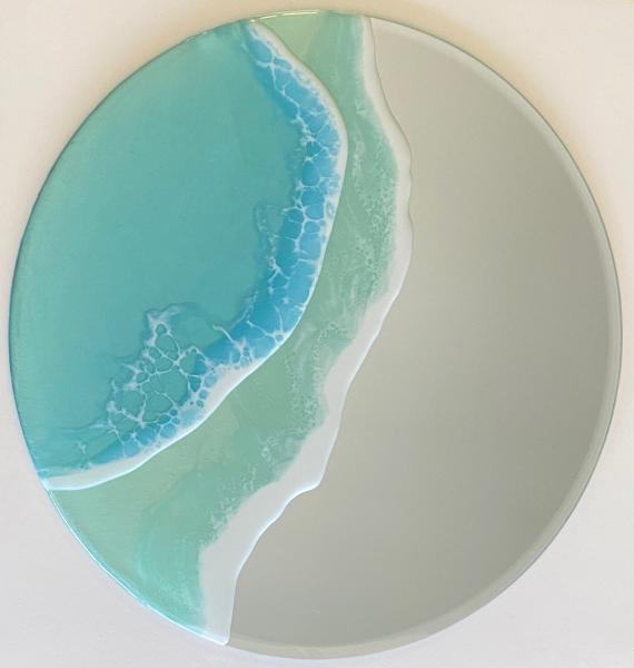 Ocean Round 14" Mirror - Functional Art Blue Waves Epoxy Resin Painting