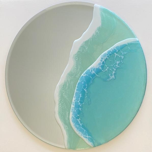 Ocean Round 14" Mirror - Functional Art Blue Waves Epoxy Resin Painting picture