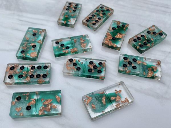 Handmade Domino Set - Unique Teal White Transparent Copper Dominos Black Dots picture