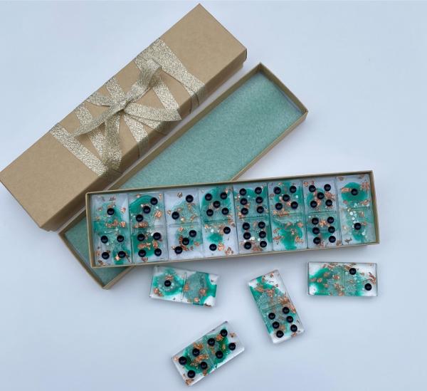 Handmade Domino Set - Unique Teal White Transparent Copper Dominos Black Dots