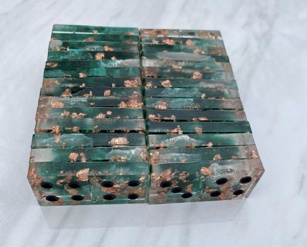 Handmade Domino Set - Unique Teal White Transparent Copper Dominos Black Dots picture