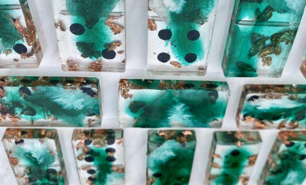 Handmade Domino Set - Unique Teal White Transparent Copper Dominos Black Dots picture